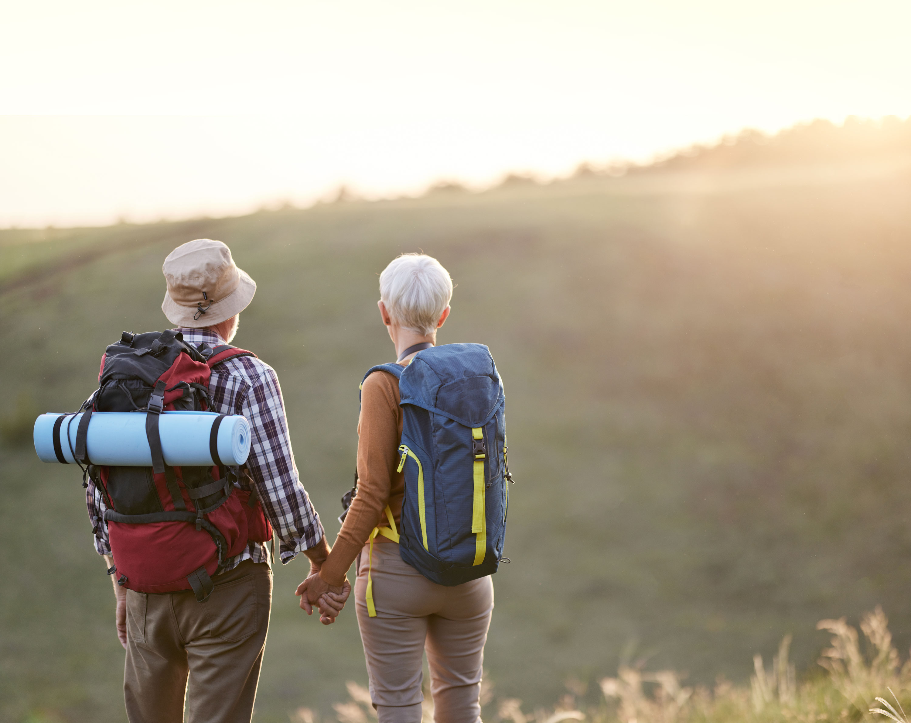 Rear view of couple of mature backpackers holding hands while looking at view from a hill. Copy space.